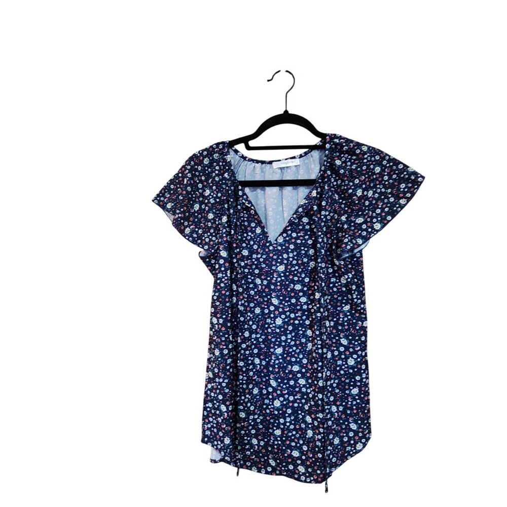Floral V-Neck Flutter Sleeve Casual Dress By SimpleFun - S - Navy Blue & White